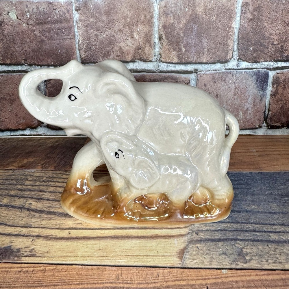 Vintage Elephant Mother Baby Figurine Lusterware Trunk Up Lucky Brazil